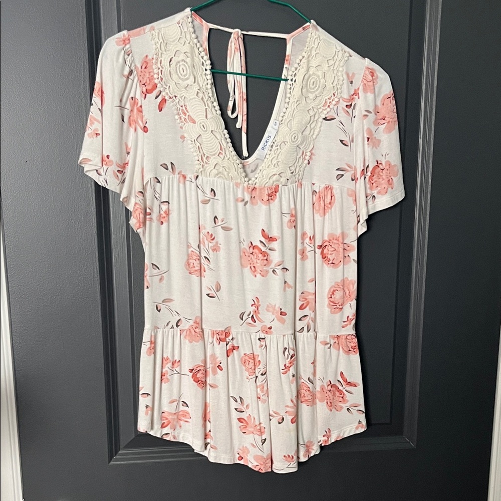 Ricki's Cream and Pink Floral Blouse with Lace Detail